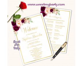 Burgundy Wedding program fan,Burgundy Wedding itinerary,(61c)